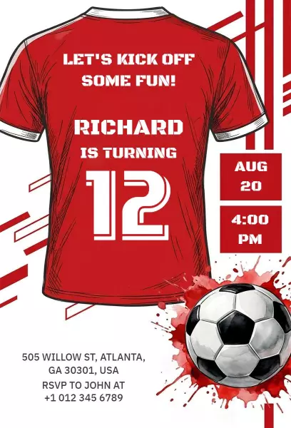 Soccer Theme Fun 12th Birthday Celebration Invitation Template