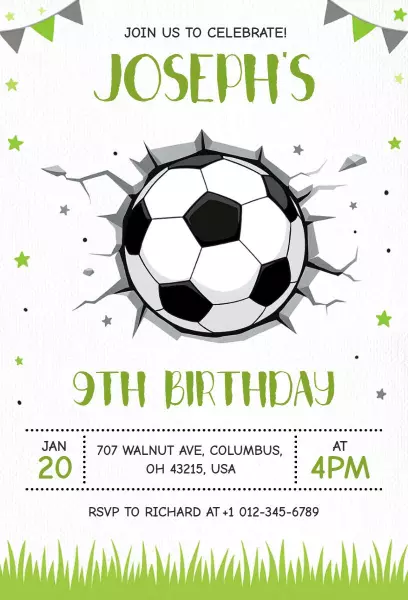 Soccer Themed 9th Birthday Celebration Invitation Template