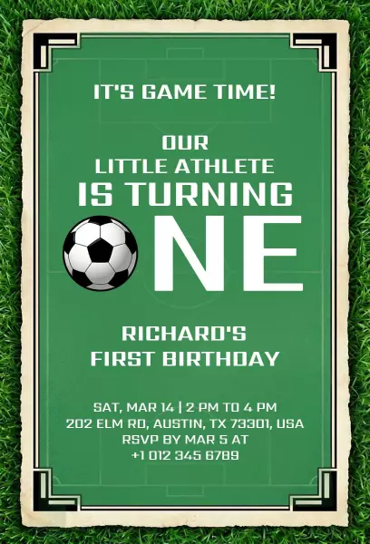 Soccer Themed First Birthday Celebration Invitation Template