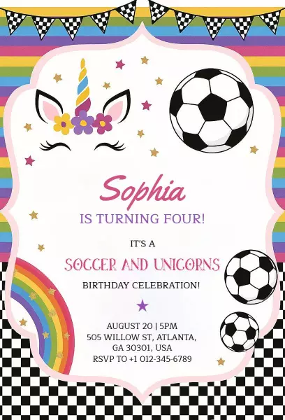 Soccer Unicorn Theme Magical Birthday Celebration Invitation Template