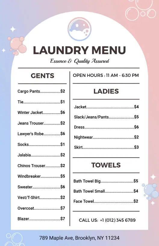 Soft Gradient Laundry and Dry Cleaning Price Menu Template