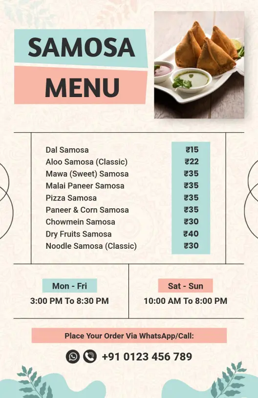 Soft Pastel Colored Indian Delights Samosa Menu Template