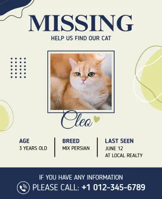 Soft Pastel Missing Cat Alert for Lost Pet Poster Template
