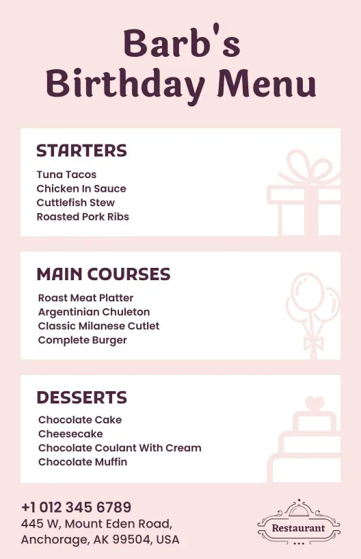 Soft Pastel Themed Birthday Dinner Menu Template