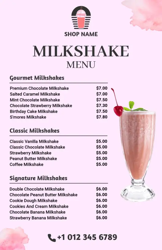 Soft Pink Classic Milkshake Drink Menu Template