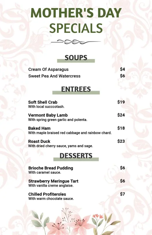 Soft Pink Floral Theme Mother's Day Specials Menu Template