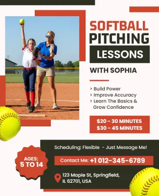 Softball Pitching Skills Lessons Flyer Template