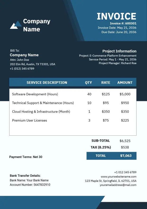 Software Company Development Services Invoice Template