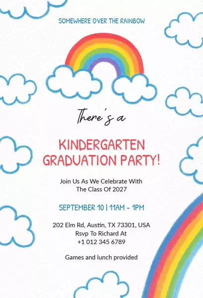 Somewhere Over the Rainbow Kindergarten Graduation Invitation Template