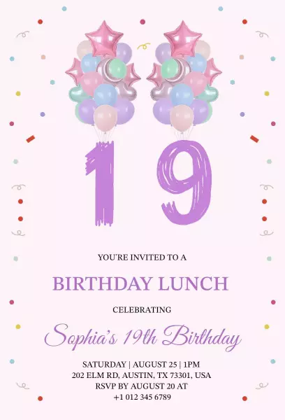 Sophia's 19th Birthday Lunch Celebration Invitation Template