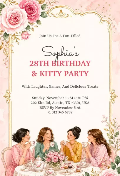 Sophia's 28th Birthday Fun Kitty Party Invitation Template
