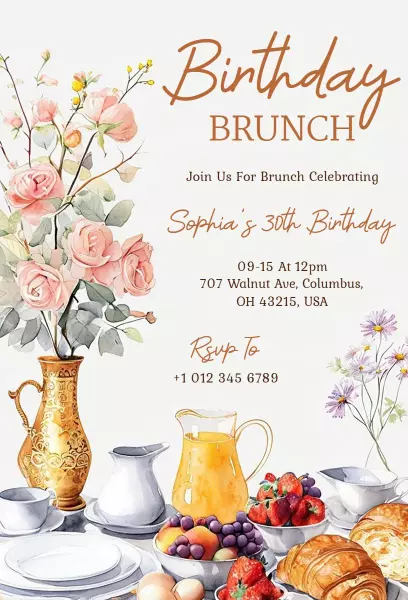 Sophia's 30th Birthday Elegant Brunch Invitation Template