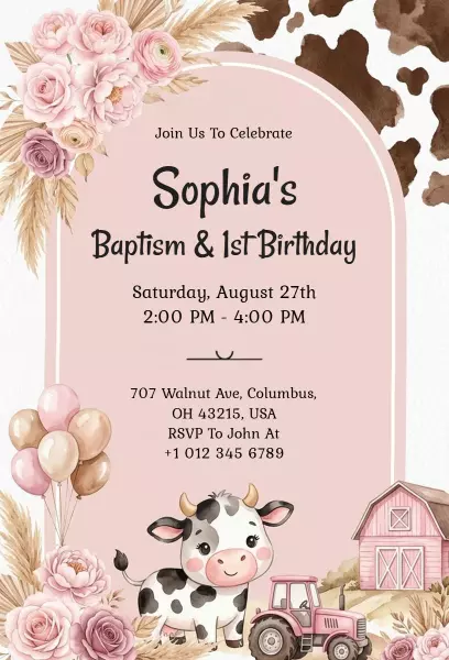 Sophia's Charming Cowgirl Baptism First Birthday Invitation Template
