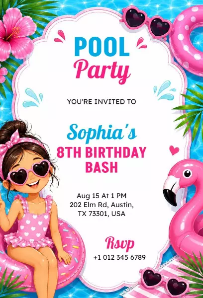 Sophia's Colorful 8th Birthday Pool Party Invitation Template