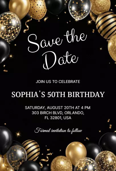 Sophia's Elegant 50th Birthday Celebration Save The Date Invitation Template