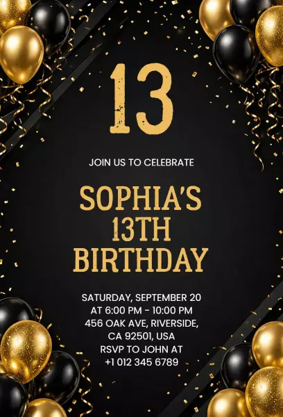 Sophia's Elegant Black and Gold 13th Birthday Invitation Template