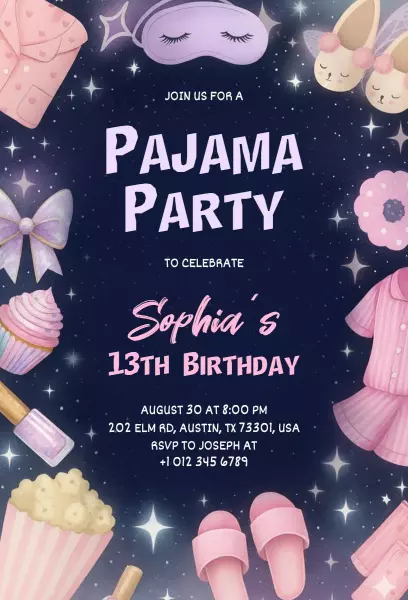 Sophia's Fun 13th Birthday Pajama Party Invitation Template