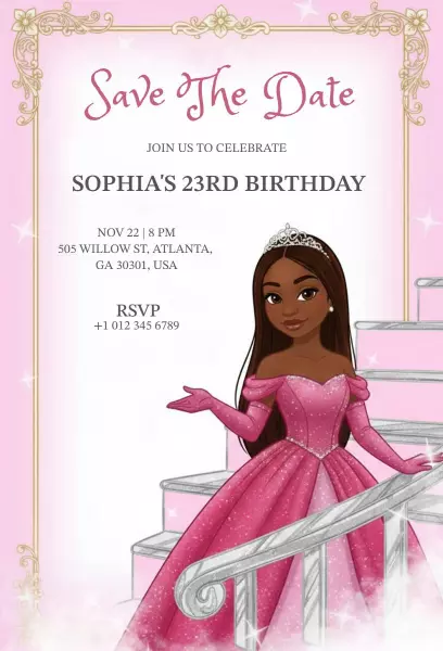 Sophia's Magical Pink Princess Birthday Save The Date Invitation Template
