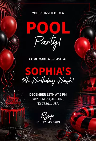Sophia's Red Splashy Pool Party Birthday Invitation Template