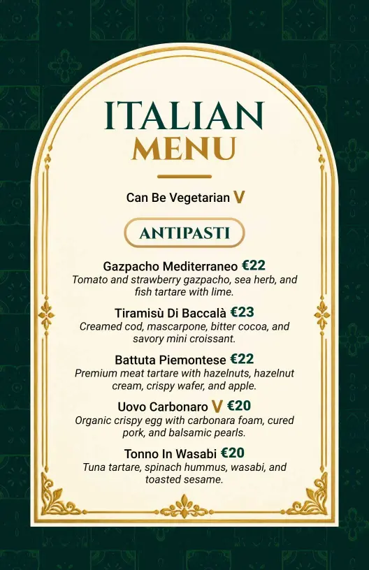 Sophisticated Arch Design Italian Restaurant Menu Template