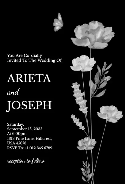 Sophisticated Black and White Floral Wedding Ceremony Invitation Template