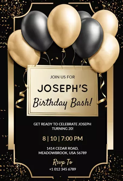 Sophisticated Black Gold 20th Birthday Bash Invitation Template