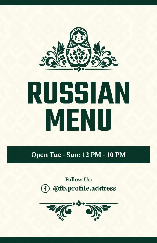 Sophisticated Cream and Green Russian Style Dining Menu Template