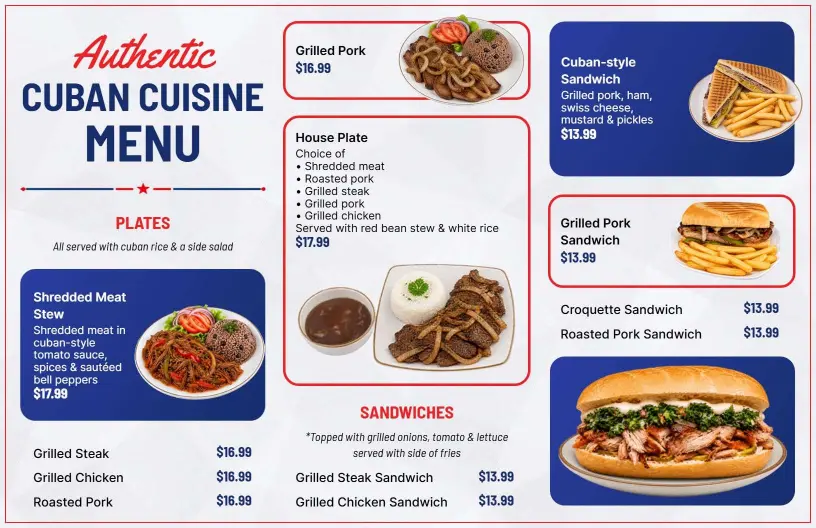 Sophisticated Cuban Cuisine and Sandwich Options Menu Template