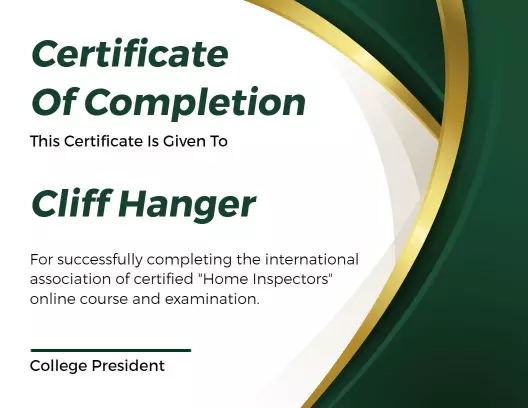 Sophisticated Green and Gold Home Inspector Course Completion Certificate Template