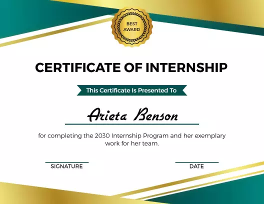 Sophisticated Green and Gold Internship Achievement Certificate Template