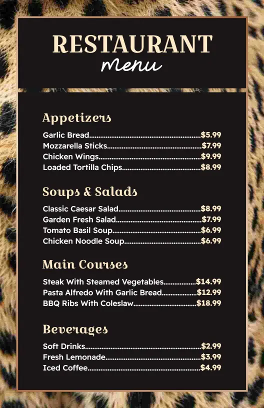 Sophisticated Leopard Design with Classic Restaurant Menu Template