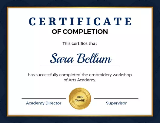 Sophisticated Navy Blue Embroidery Workshop Completion Certificate Template