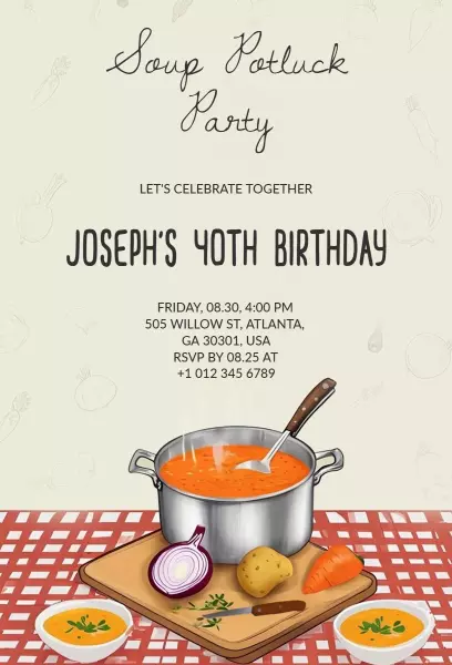 Soup Potluck Celebration Joseph's 40th Birthday Invitation Template