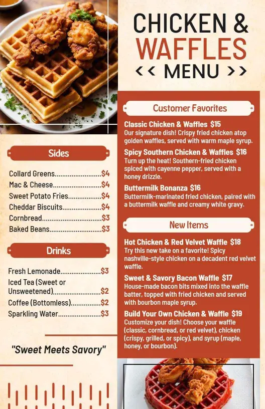 Southern Fried Chicken and Waffle Delights with Sides Chicken Menu Template