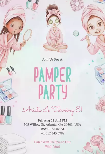 Spa Themed Pamper Party Kids Birthday Invitation Template