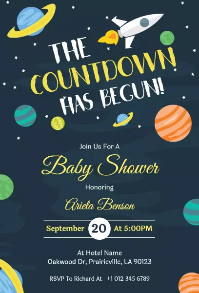 Space Adventure Baby Shower Countdown Celebration Invitation Template