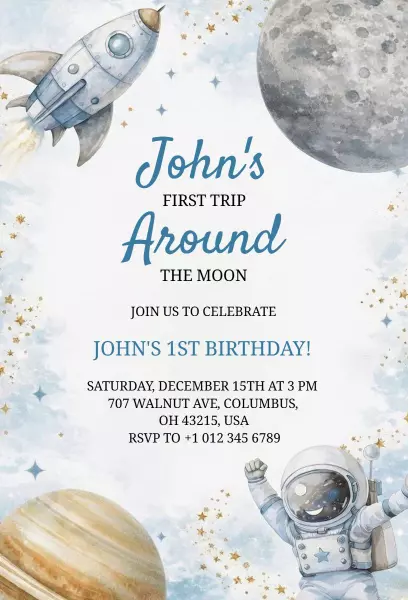Space Adventure Theme 1st Birthday Celebration Invitation Template