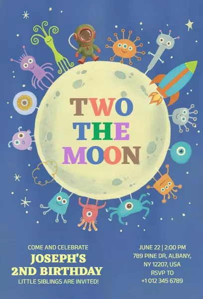 Space Adventure Two the Moon Birthday Celebration Invitation Template