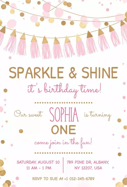 Sparkle Shine Pink Gold 1st Birthday Celebration Invitation Template