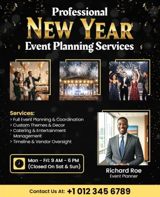 Sparkling Black New Year Celebration Services Flyer Template