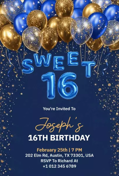 Sparkling Blue and Gold Sweet 16 Birthday Invitation Template