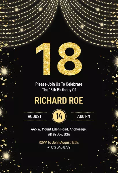 Sparkling Gold Black 18th Birthday Celebration Invitation Template