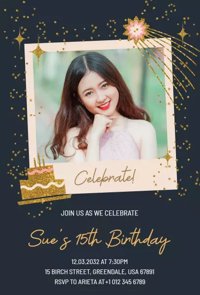 Sparkling Gold Photo 15th Birthday Celebration Invitation Template