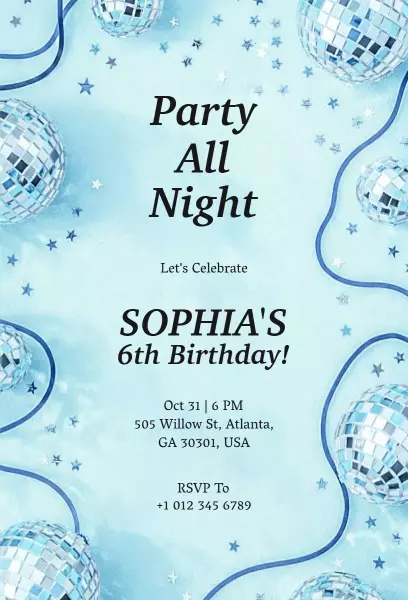 Sparkling Night Disco Theme Birthday Celebration Invitation Template