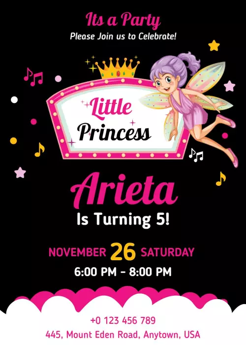 Sparkling Princess Fairy Theme Birthday Celebration Invitation Template