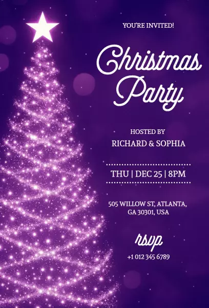 Sparkling Purple Christmas Tree Festive Party Invitation Template