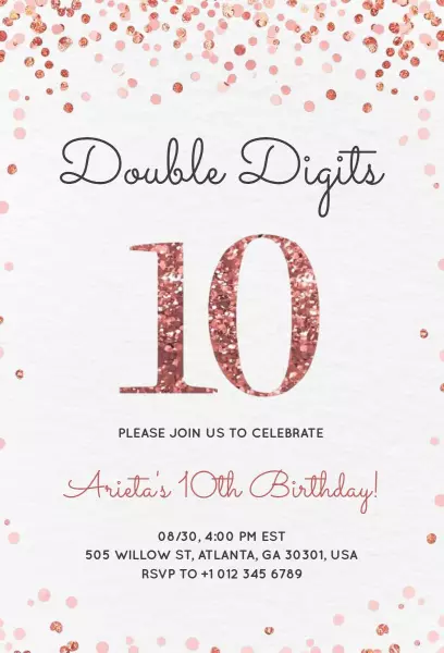 Sparkling Rose Gold Double Digits 10th Birthday Invitation Template