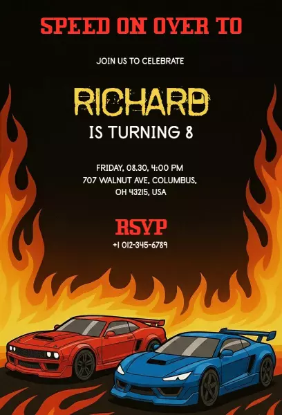 Speeding Cars Exciting Birthday Celebration Invitation Template