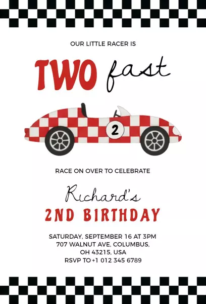 Speedy Racecar Themed 2nd Birthday Celebration Invitation Template