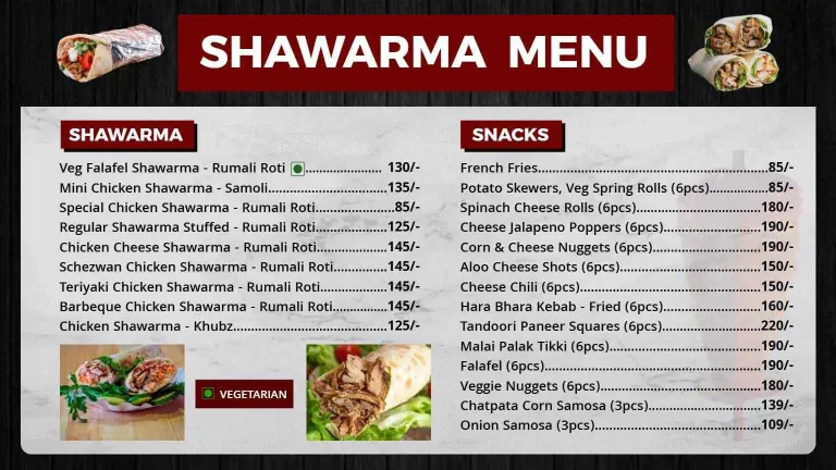 Spicy and Flavorful Wraps with Tasty Sides Shawarma Menu Template